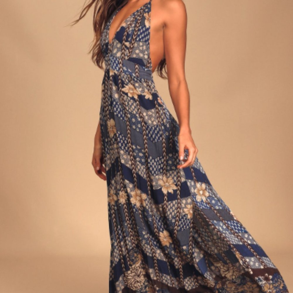 Lulus O'Neill Annalisa Blue Multi Floral Print Halter Maxi Dress